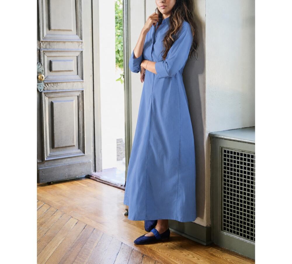 Beau & Ro Alexa Collared Cotton Maxi Dress in Blue M